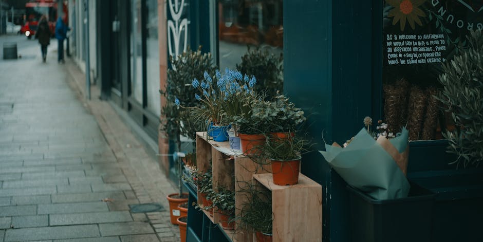 A row of potted flowers displayed outside a florist shop on a city sidewalk, featuring a variety of blooms including blue hyacinths, green foliage, and other seasonal plants arranged in terracotta and