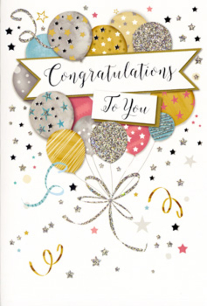 In this close-up, the congratulations card appears as a carefully choreographed display of colour and light, reminiscent of the thoughtful gifts exchanged around East Sheen after a meaningful success. A generous spray of illustrated balloons anchors the composition, rising in a loose cluster that fills the middle of the card with rounded forms and overlapping shapes. Their palette is both modern and soft: muted gold and silver mingle with champagne, powdery blue, rose-tinted pink and a gentle grey, each balloon decorated with a distinct metallic motif. Some feature constellations of tiny stars, others are covered in glimmering confetti dots or refined vertical stripes, all rendered in shimmering inks that suggest a tactile, slightly raised finish. At the base of the cluster, narrow ribbons in gold and silver flow downward, looping and winding in graceful curves that echo the curling ribbon used to dress a bouquet or a gift box. The background stays light and uncluttered but is scattered with delicate stars, swirling lines and confetti-like marks, hinting at the fizzing energy of a party just underway in a local home or garden off Sheen Lane. A central banner stretches across the balloons, gently arched and edged in metallic accents, holding a proud Congratulations in flowing script that feels refined without being stiff. The design balances festivity with restraint: nothing shouts, yet everything sparkles with meaning. It's the sort of card you might choose to sit alongside elegant flowers for a graduation, promotion or personal achievement, where the mix of soft colour, metallic sheen and upward movement reflects the sense of optimism and pride you want the recipient to feel as they read your words inside.