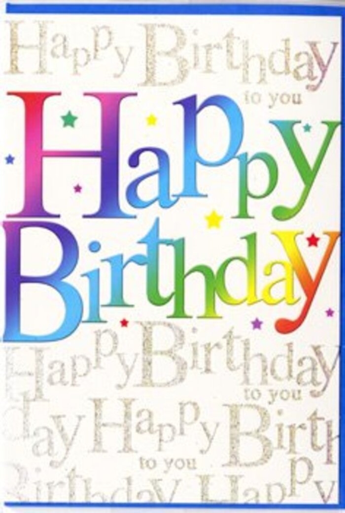 This birthday card feels like a burst of colour against a calm, golden backdrop, much like a vivid bouquet brightening a quiet East Sheen living room. The centrepiece of the design is the phrase Happy Birthday, rendered in large, rounded letters that stretch boldly across the card. Each letter is filled with a smooth gradient that transitions through shades of deep crimson, rose pink, and magenta, then slides into cooler blues and greens, before fading into warm yellows. The colours blend as if brushed on in soft layers, echoing the way petals overlap in a full, hand-tied arrangement. Behind this vibrant statement, the background is entirely covered in fine, cursive script printed in luminous gold. This script patiently repeats Happy Birthday to you, line after line, like a familiar song carried softly through a gathering of friends. The lettering is delicate, with elegant loops and flourishes, and shimmers gently under the light, suggesting a subtle, glittery texture that enhances the card without overwhelming it. Tiny specks and star-like highlights are scattered within the gold script, recalling pieces of confetti or the sparkle of fairy lights at a birthday supper near Sheen Mount. The finish appears smooth and lightly glossy, while the main colourful lettering seems slightly embossed, giving it a tactile presence that invites fingertips to trace each curve. Altogether, the design communicates warmth, joy, and a touch of sophistication. It's exactly the kind of card that might be selected to accompany a bouquet from East Sheen Flowers, tucked in beside fresh blooms and delivered across the area to mark a birthday with both visual impact and heartfelt sincerity.