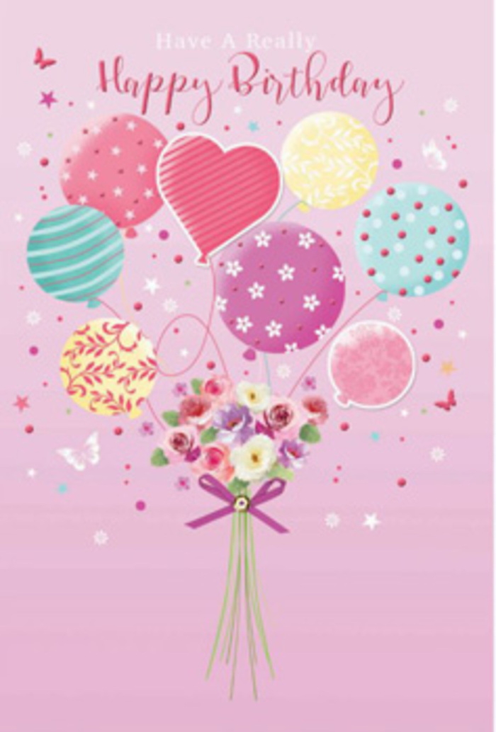Delicate birthday card design featuring a floating bouquet of pastel balloons and fresh-looking flowers, described with the care of a seasoned East Sheen florist. The background is a smooth, warm pink wash, evoking a softly lit evening sky over Sheen Common. At the lower centre, a small, hand-tied bouquet forms the heart of the composition: petite roses and daisy-like blooms cluster together in shades of cream, blush pink, and muted mauve. Each blossom is detailed with gentle gradients and soft edges, so the petals appear velvety, like they were just arranged for a same-day delivery in East Sheen. From this bouquet, an airy collection of balloons rises gracefully. The balloons come in light rose, seafoam green, pale lemon, and lavender, with each one decorated differently-spiralling stripes, tumbling polka dots, and tiny floral motifs that add playful texture. A central heart-shaped balloon stands out, offering a visual symbol of love and birthday joy that feels perfect for surprising a friend or family member nearby. The stems at the base are gathered by a shimmering purple satin bow whose folds are carefully highlighted to give a three-dimensional, tactile effect. Around the bouquet and balloons, small star shapes and butterflies float as if carried by an invisible breeze, suggesting movement and adding to the celebratory feel. The lighting is soft but bright enough to create gentle reflections on the balloons and a natural glow on the petals, giving the artwork an uplifting, airy mood. Overall, the image looks like a moment of birthday happiness suspended in time, ideal to accompany a thoughtful floral gift for someone in East Sheen.