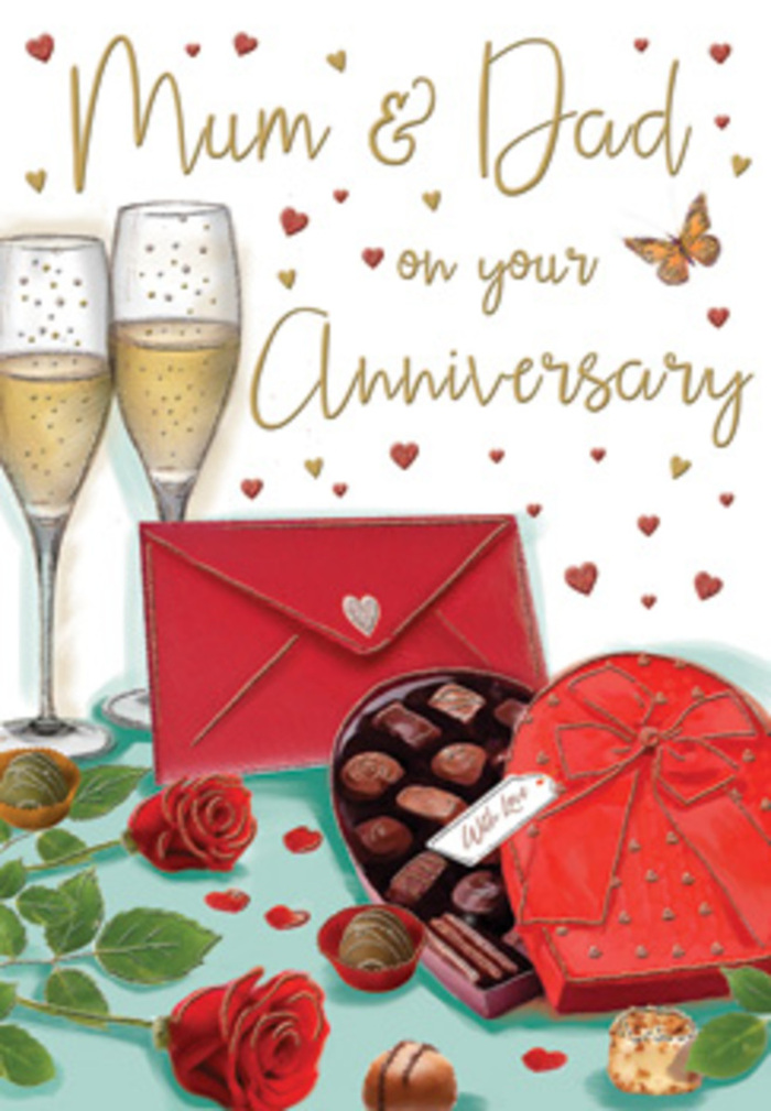 Romantic anniversary card design composed like a still-life celebration for Mum and Dad, echoing the relaxed elegance of East Sheen. The focal point is a pair of tall champagne flutes standing in unison at the back of the scene, filled with golden fizz that rises in tiny, sparkling bubbles, as if frozen just before a toast. In front, a heart-shaped box of chocolates occupies pride of place, its deep crimson lid adorned with a generous red bow. The lid sits slightly ajar, revealing neat rows of glossy truffles resting in their compartments, suggesting carefully chosen treats meant for sharing. To the side, two plush red roses with abundant green leaves are gently laid on the tabletop, their velvety petals as lush and detailed as a freshly cut bouquet from a skilled florist near Upper Richmond Road. A few loose chocolates have fallen around the main box, adding a casual, homely touch to the otherwise carefully composed scene. Resting nearby is a bright scarlet envelope, sealed and angled as though just set down after being written, promising tender anniversary words for Mum and Dad, perhaps reflecting on years spent walking through Richmond Park or enjoying family gatherings in East Sheen. Above, delicate hearts in shimmering gold and deep crimson drift across the warm background, weaving around the hand-lettered greeting to create a halo of celebration. The entire illustration glows with gentle light and affection, evoking the scents of roses and chocolate and the soft sound of glasses touching - a perfect visual tribute to enduring love in a familiar East Sheen setting.
