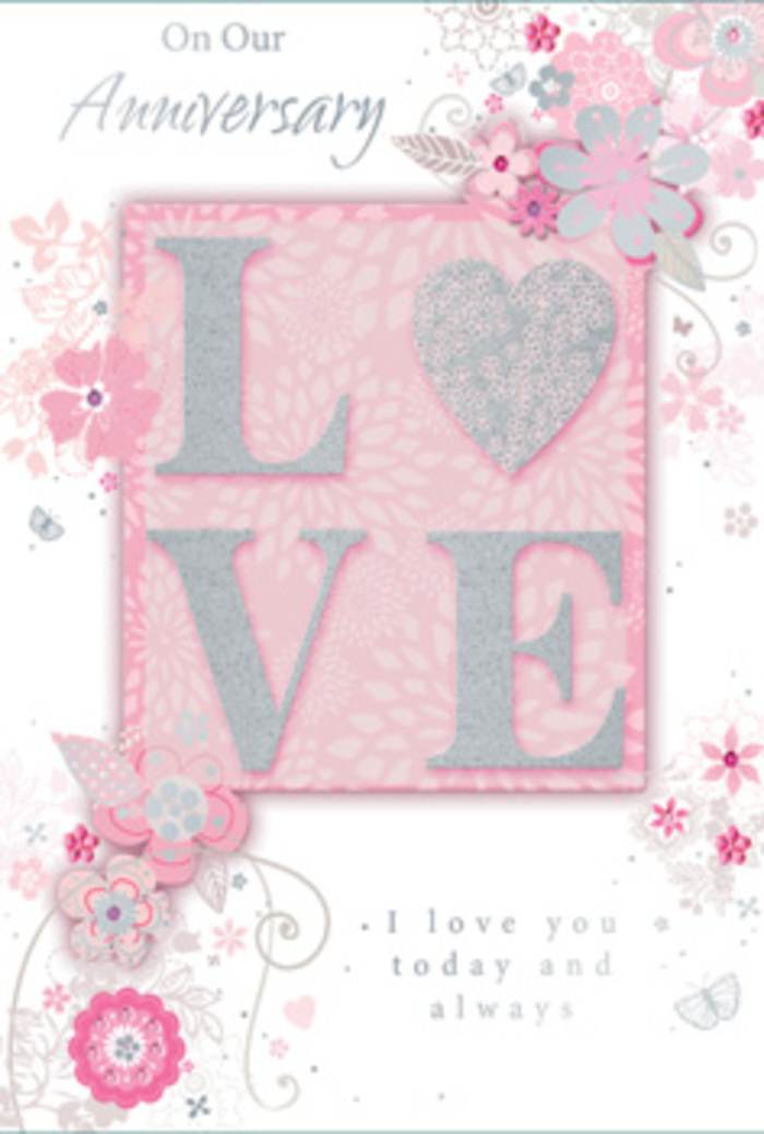 Opening this anniversary card feels much like stepping into a sun-filled East Sheen living room where love is quietly honoured in the small rituals of daily life. The central motif is the word LOVE, presented in raised letters finished with a frosted glitter overlay. The texture has a gentle grain, catching the light in delicate sparkles and inviting your fingertips to trace the contours, just as one might gently touch the petals of a favourite bloom. Around this focal word, hand-drawn flowers and slender sprays drift along the borders, creating a soft frame in shades of pink, lilac, and creamy ivory. The blossoms are stylised yet expressive, their petals and leaves stretching in graceful curves reminiscent of a florist's loose, romantic bouquet headed for a house off Upper Richmond Road. Fine filigree lines weave through the design like trailing foliage, while tiny, almost secret butterflies hover between petals, suggesting the quiet flutter of hearts on an anniversary morning. The background remains a muted blush, providing warmth without competing with the floral motifs. In the lower portion of the card, the message I love you today and always is set in graceful, understated type, with just enough space around each word to encourage a thoughtful pause. The typography is elegant but unshowy, allowing the sentiment to feel personal and real rather than overly grand. Altogether, the card reads like a hand-tied bouquet translated into paper-a tender, artistically arranged expression of gratitude, devotion, and hope for the years still to unfold, perfect for celebrating an enduring partnership in East Sheen.