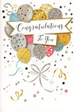 This image focuses on a joyful yet elegant congratulations card, the sort you might pair with a hand-tied bouquet delivered to a doorstep near Richmond Park. At its centre, a charming cluster of balloons floats weightlessly, each balloon overlapping the next to create a rounded, full arrangement that recalls the shape of a carefully built floral design. The colours are soothing and celebratory in equal measure: brushed gold, soft silver, champagne, light sky blue, dusky pink and gentle grey. Each balloon carries its own decorative metallic pattern, from star-studded finishes to fine stripes and scattered glitter-like dots, all of which catch the light and add a subtle shimmer. From the base of the balloon bouquet, slim ribbons in gleaming gold and silver spill downwards, curling and looping as though lifted by a soft indoor breeze. Around them, the background is sprinkled with tiny stars, delicate swirls and airily scattered confetti marks, giving the card a sense of motion and party atmosphere while still feeling tidy and refined. Across the middle of the design, a horizontal banner floats lightly over the balloons, with the words Congratulations To You written in fluid, calligraphic lettering that feels personal and warm. The paper looks smooth and good quality, with the metallic inks lending an almost tactile depth, as if your fingers could trace every curve and star. Overall, the card radiates bright but gentle celebration-a perfect partner for flowers sent to acknowledge a new job, exam success or any proud moment in East Sheen-offering a visual expression of support, pride and shared happiness that complements whatever heartfelt message is written inside.
