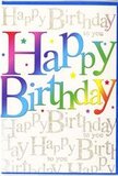 This vibrant birthday greeting card looks as though it was created to capture the essence of a cheerful East Sheen celebration, perhaps after a stroll through nearby Richmond Park. Across the centre, the words Happy Birthday are printed in generous, rounded letters, each one filled with a velvety gradient of colour. The tones move fluidly from deep berry red and rich pink into turquoise, sky blue, and verdant green, then gently shift into notes of honey and bright lemon yellow. The blending of colours is soft and harmonious, reminiscent of how a florist layers blossoms in a jubilant birthday bouquet. Behind this colourful phrase, the entire background is adorned with rows of fine, golden script repeating Happy Birthday to you in an elegant, looping hand. The gold type shimmers subtly, as though brushed with a faint touch of glitter or metallic foil, catching light much like the sun glancing off the windows of shops along Upper Richmond Road. Scattered throughout the golden text are tiny specks of brightness and confetti-like dots that add playful sparkle without crowding the eye. The card's surface appears smooth and slightly glossy, with the main rainbow letters gently raised, giving a tactile contrast to the flat, delicate script behind them. The overall mood is one of joyful refinement: bright and cheerful yet carefully designed. It is easy to imagine this card resting against a vase of freshly arranged flowers on a Sheen Lane sideboard, or arriving with a same-day flower delivery to a doorstep in East Sheen, ready to turn birthday wishes into a colourful, memorable keepsake.