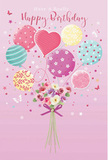 Charming birthday card illustration depicting a pastel balloon bouquet lifting a small cluster of flowers, with the atmosphere of a celebration in East Sheen. A gentle pink backdrop fills the scene, reminiscent of the serene sky above Richmond Park on a clear spring evening. At the base sits a hand-tied bouquet of petite roses and anemone-like blooms in creamy ivory, blush, and soft mauve, their petals rendered with tender shading that suggests velvety freshness. The stems are neatly gathered by a glossy purple satin bow, whose rich colour and sparkling highlights give the arrangement a polished finish similar to a professionally prepared bouquet from East Sheen Flowers. Rising from this floral base is a playful collection of balloons in pastel tones: soft rose, sea green, lavender, and buttery yellow. Each balloon carries distinctive decorations-whirling stripes, happy polka dots, and delicate floral patterns-creating the impression of a birthday party drifting gently above Sheen Lane. A heart-shaped balloon glows near the centre, drawing the eye and adding a touch of affectionate warmth. Tiny stars and butterfly motifs hover around the bouquet and balloons, suggesting movement like confetti in a light breeze. Subtle, diffused lighting adds depth, casting soft shadows on the petals and gentle reflections on the balloon surfaces so they appear glossy and slightly translucent. The overall composition feels light, sweet, and quietly joyful, like sending a floating garden of birthday wishes to someone special in East Sheen, pairing perfectly with real flowers delivered locally.
