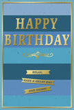 This birthday card offers a blend of calm blues and glowing gold that feels both modern and comforting, the sort of design you might see propped up on a windowsill in East Sheen catching the afternoon light. The background is laid out in broad, horizontal stripes, each stripe a different tone of blue, arranged in a gradient from deep navy at the base through rich mid-blues and teal shades, up to a delicate sky blue near the top edge. This subtle ombre effect gives the card a sense of depth, like looking out over distant horizons. Centred within this blue canvas, the words HAPPY BIRTHDAY stand in bold capital letters, embossed in smooth gold foil. The metallic finish shimmers gently, changing with the angle of the light but never becoming harsh. Directly underneath, a slim golden flourish unfurls in a flowing curve that adds a note of classic elegance, almost like a handwritten underline. Beneath this flourish, three neat gold banners line up in a tidy stack, each banner carrying a portion of the relaxed message: Relax, have a great day and enjoy! The banners and the text share the same warm gold tone as the fine frame that runs around the very edge of the card, uniting the elements into one coherent, thoughtful design. The cardstock appears sturdy with a soft matte surface that likely contrasts with the lightly raised, cooler feel of the embossed foil. This card would sit beautifully next to a bouquet from a local East Sheen florist, bringing with it a gentle sense of celebration, quiet appreciation, and an invitation to slow down and enjoy a birthday moment fully.