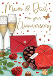 Elegant anniversary card illustration that captures the feeling of a cosy East Sheen evening, designed especially with Mum and Dad in mind. Two graceful champagne flutes stand together at the back, their slender stems aligned, each glass filled with pale golden bubbly, tiny beads of fizz rising as if caught mid-celebration. In the foreground, a deep red, heart-shaped box of chocolates wrapped in an opulent matching bow draws the eye. Its lid is tipped open to reveal carefully arranged truffles inside, their shiny surfaces hinting at rich, indulgent centres meant to be shared. To one side, two vibrant red roses rest on the tabletop, their petals full and velvety against a bed of lush green leaves, as though freshly delivered from a trusted East Sheen florist after a wander along Sheen Lane. A few spare chocolates are scattered around the main box, giving the scene a relaxed, intimate feel, as if the evening has unfolded slowly and sweetly. A bold scarlet envelope lies just off to the right, neatly sealed, suggesting a handwritten message of thanks and love for parents who may cherish quiet walks toward Richmond Park or calm nights at home. Above, soft swirls of gold and crimson hearts float across the muted background, winding around the hand-lettered 'Mum & Dad' greeting and bathing the whole scene in a warm, romantic glow. The composition evokes the clink of crystal, the gentle fragrance of roses, and the comforting sweetness of chocolate, embodying the essence of an anniversary celebrated together in East Sheen.